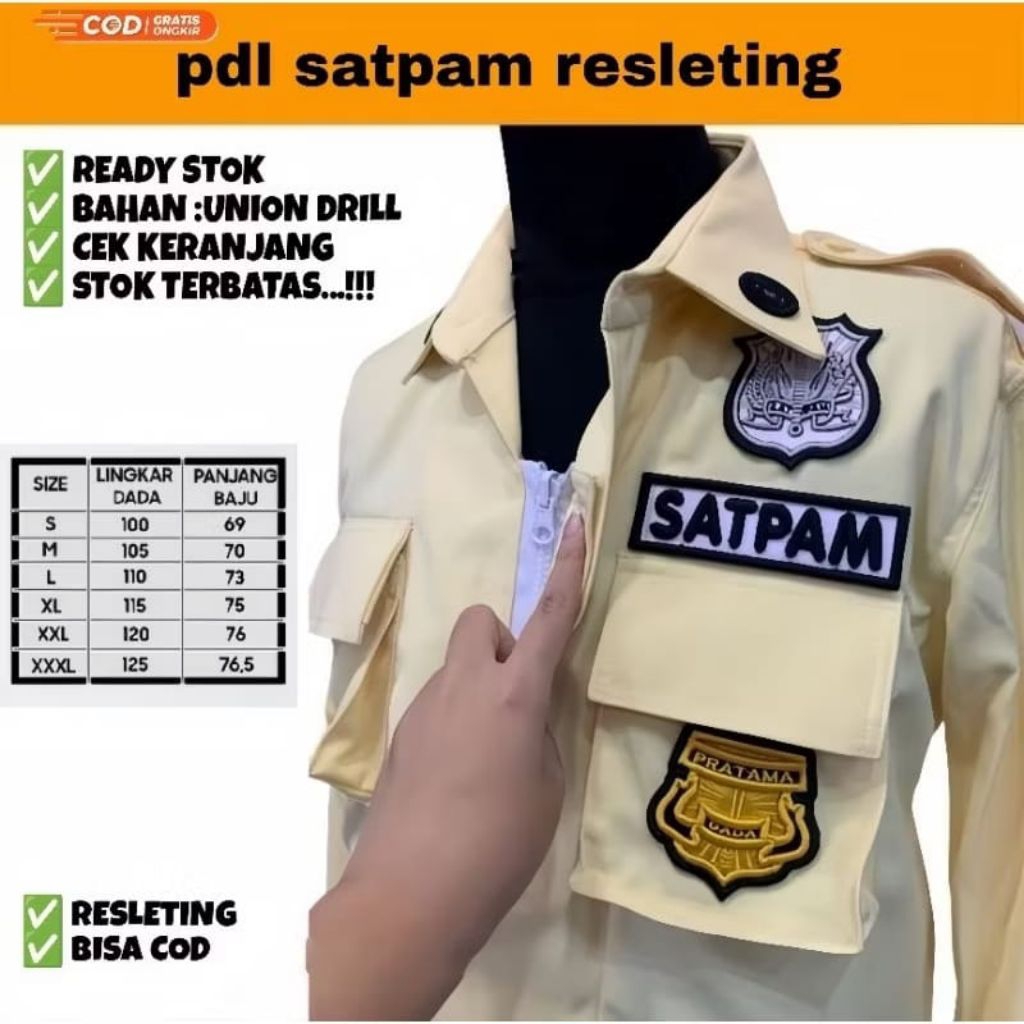 SC _ OFFICIAL|Seragam Satpam PDL Crem Resleting Tangan panjang  Bahan Tebal Celana coklat  Workwear 