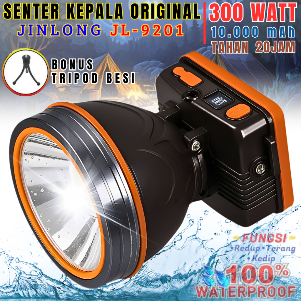 Headlamp/Senter Kepala Jinlong Jl-9201 300WATT Memiliki Baterai 10,000mah | Senter Kepala Super Tera