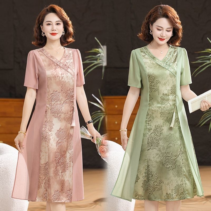 Gaun Cheongsam Modern untuk Ibu - Katun, Biru, Ukuran M, Model Tunik Musim Panas