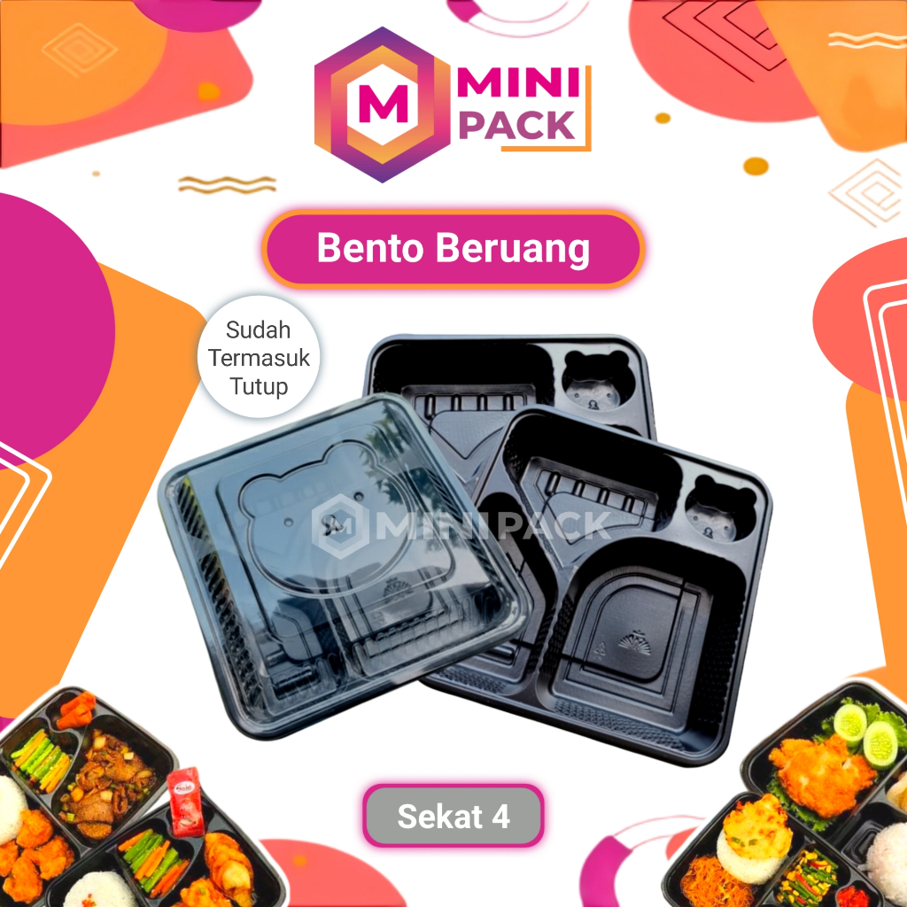 Bento Sekat 4 Karakter Beruang Mika Box Kotak Nasi 18x18 18 x 18 18x18cm Hitam cm + include Tutup Lu