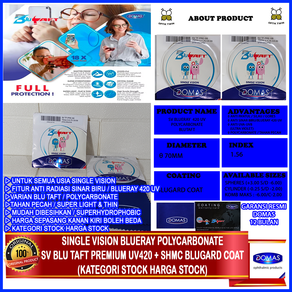 Domas Blutaft Premium Blugard Coat Blueray Single Vision Blueray Polycarbonate