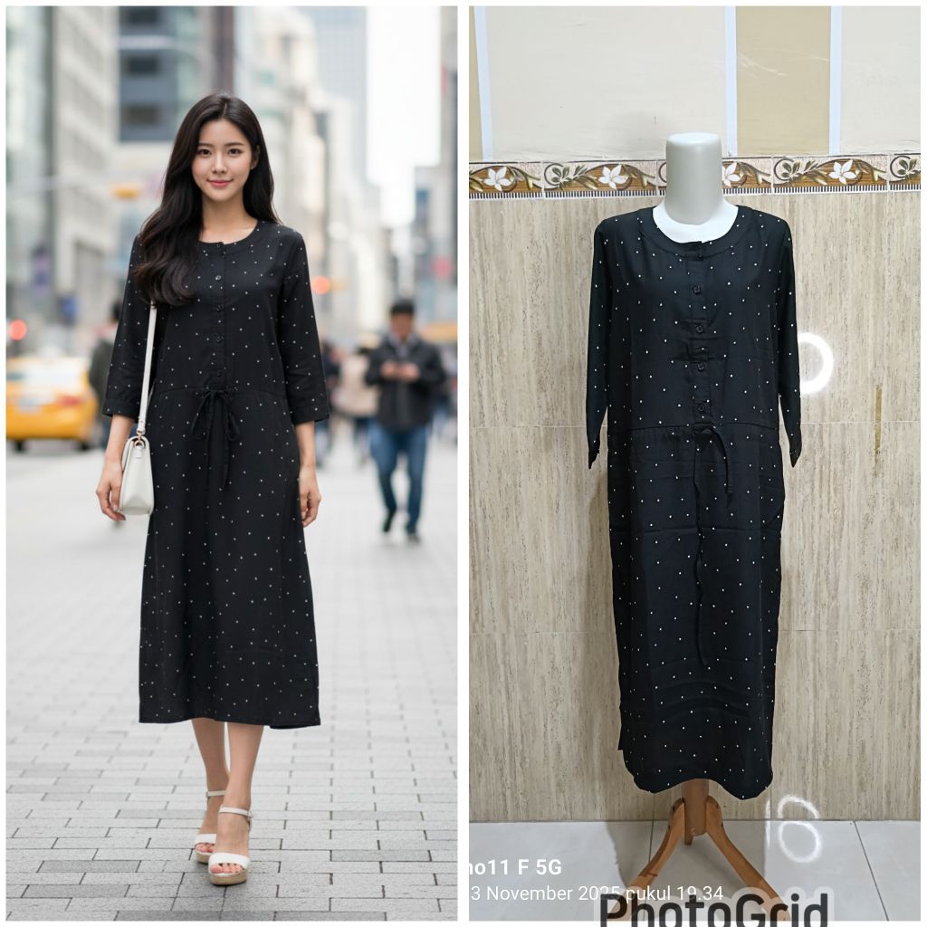 Dress hitam polka bahan sifon lengan panjang