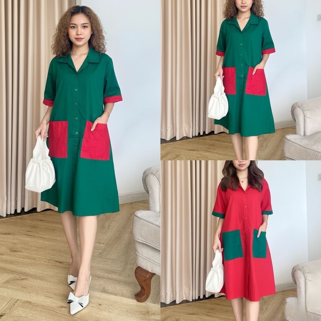 BESTGIRL DRESS NATAL KATUN POPLIN/DRESS SIMPLE CASUAL LENGAN PENDEK/DRESS NATALAN CHRISTMAS