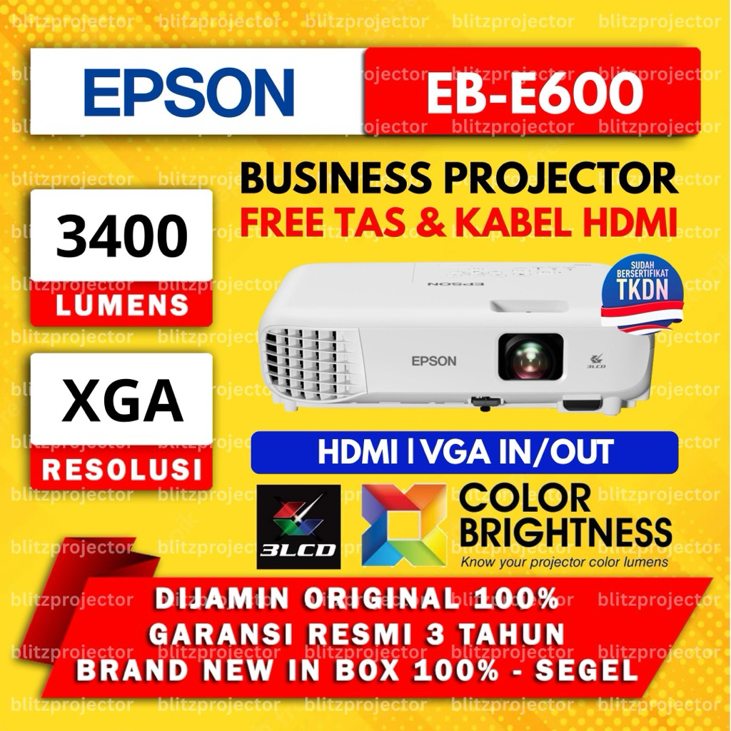 Epson Proyektor EB-E600 / EBE600 TKDN 3LCD 3600 Lumens XGA HDMI EBE600 Pengganti EB-E500 / EBE500 Ga