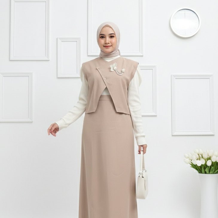 NANA SET Setelan Rompi + Rok Span Bahan Chinos Nyaman Variasi Kancing Wanita