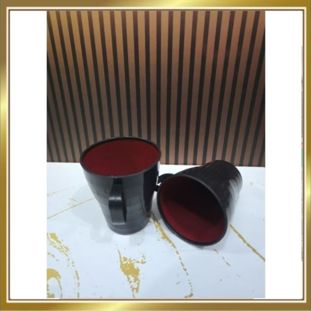 ​[12 Pcs] Cangkir Plastik Tebal Hitam Merah / Gelas Kopi Teh Gagang Set Lusinan Melamin Anti Pecah -