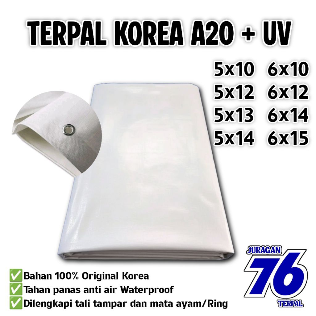 terpal korea A20 UV warna putih-putih ukuran 5x10 5x12 5x13 6x10 6xq2 6x14 6x15