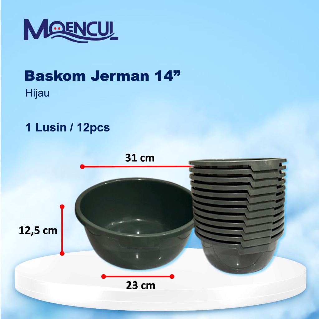 1 Lusin / 12Pcs Baskom Plastik Jerman 14" Hijau / Baskom Serbaguna / Baskom Grosir / Moencul