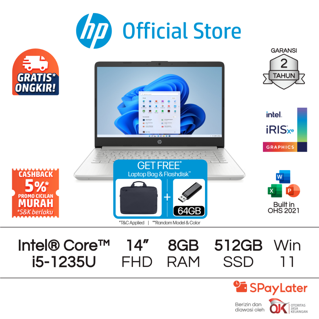 Laptop HP Intel Core i5 Iris X 8GB / 16GB RAM 256GB / 512GB SSD Silver Windows 11 Home 14 Inch Gen 1