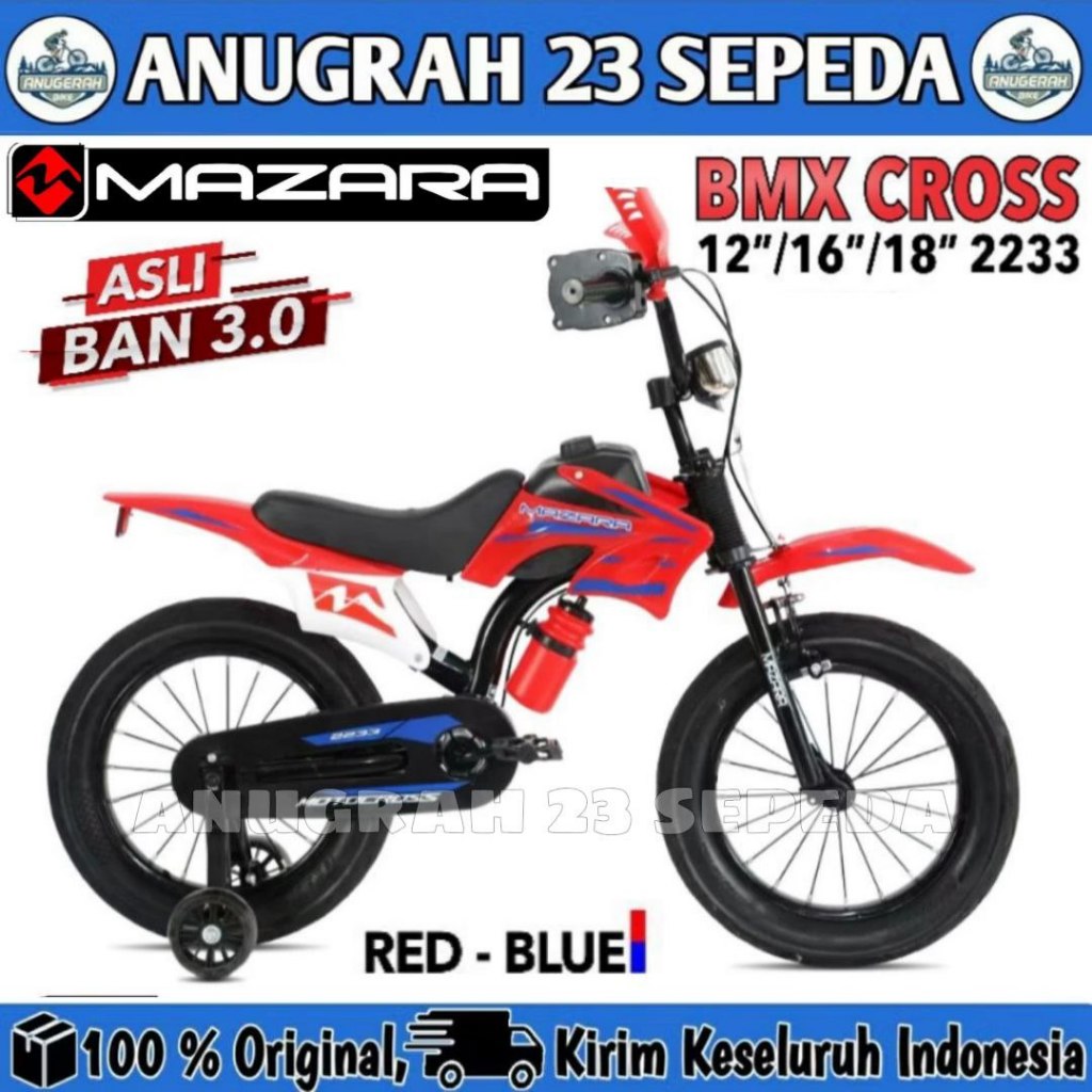 Sepeda Anak Laki BMX MAZARA 2233 Ukuran 12, 16, & 18 Inch Motor Cross Trail Ban Jumbo 3.0 Usia 2-8 T