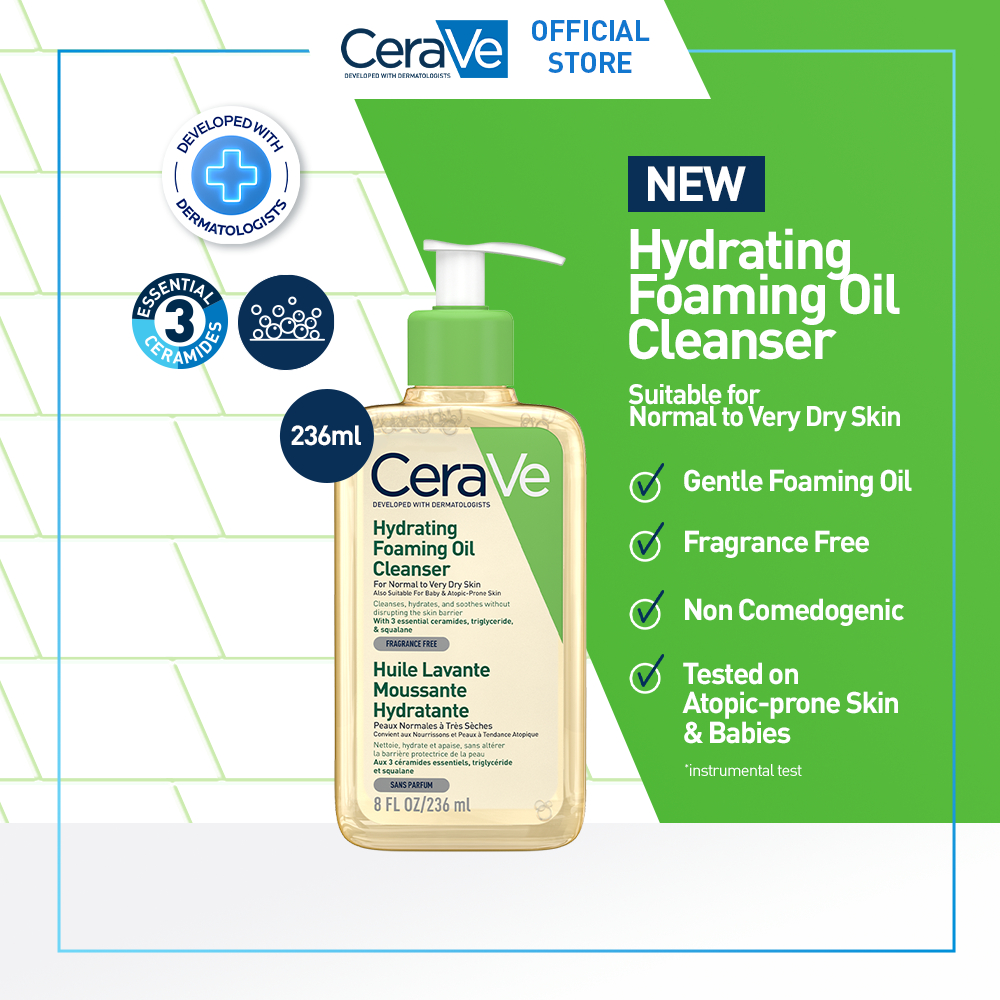 CeraVe Hydrating Foaming Oil Facial Cleanser - Gentle Face Wash yang melembabkan untuk kulit kering 