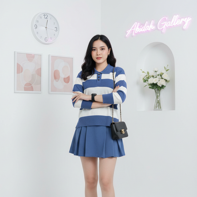 POLO Sweater Rajut Garis Variasi Kancing Jumbo Oversize