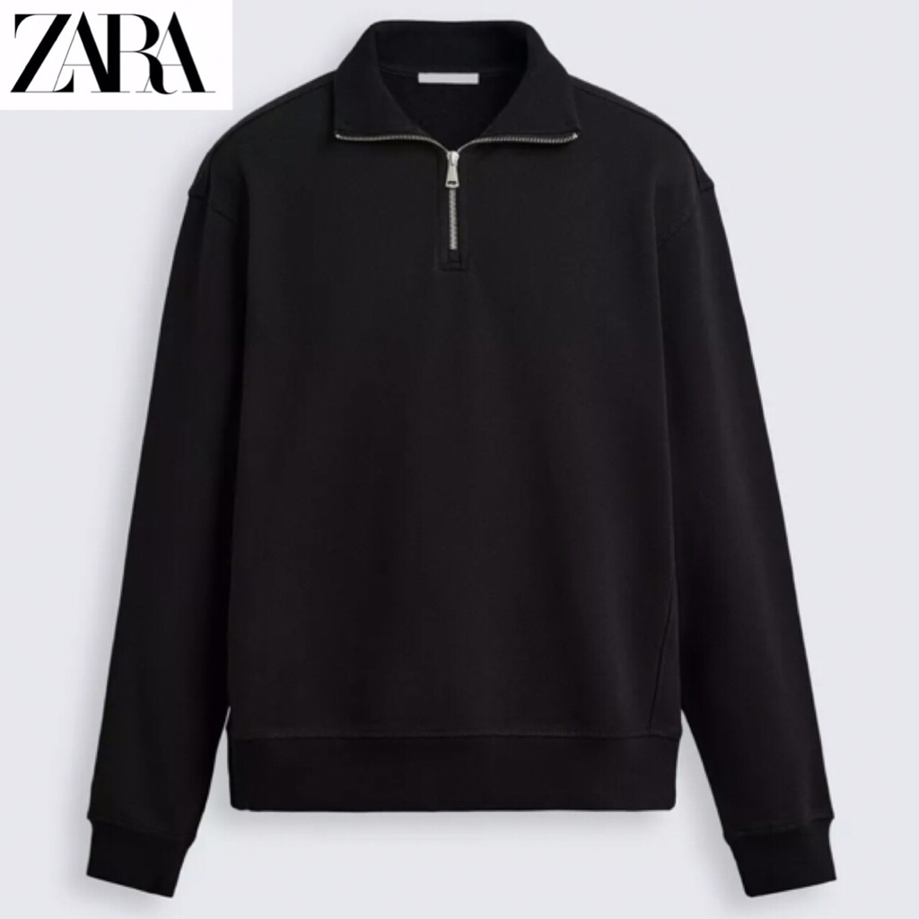 ZARA Men Sweatshirt Quarter Zip Sweater Pria Black