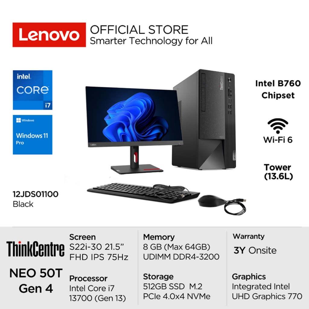 Lenovo PC ThinkCentre Neo 50t Gen 4 1100 Intel Core i7 13700 Win11 Pro 8GB 512GB SSD Tower 13.6L Int