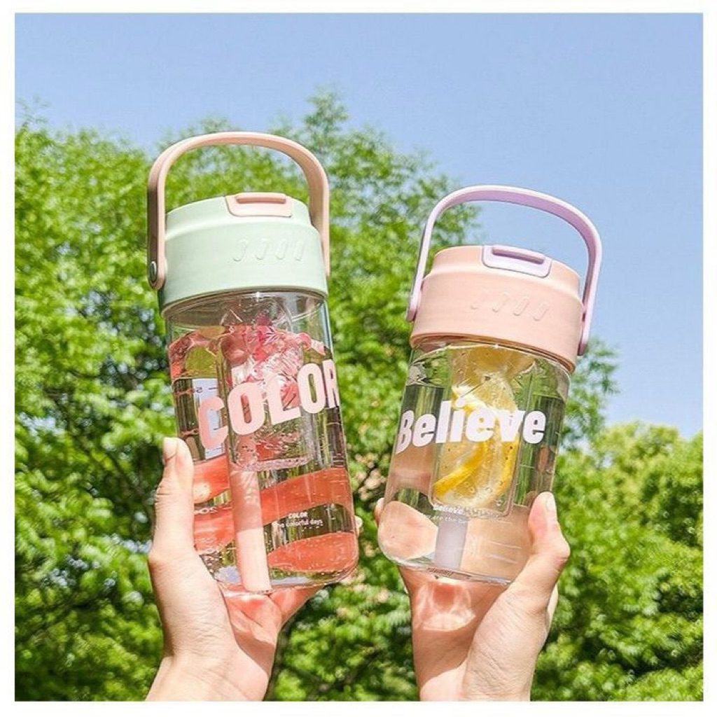 Botol Minum Praktis 600ml / Sedotan Gelas Tumbler Aesthetic Gelas Minum Kaca / Dengan Botol Air Sedo