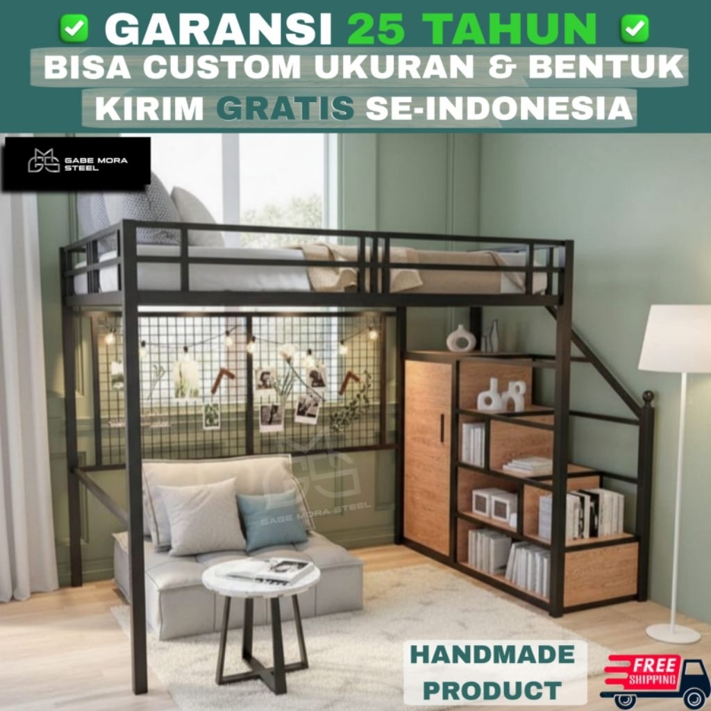 [GARANSI 25 THN, BISA REQ. UKURAN] Ranjang Tingkat Full Besi Tebal dengan Tangga dan LemariKayu Taha