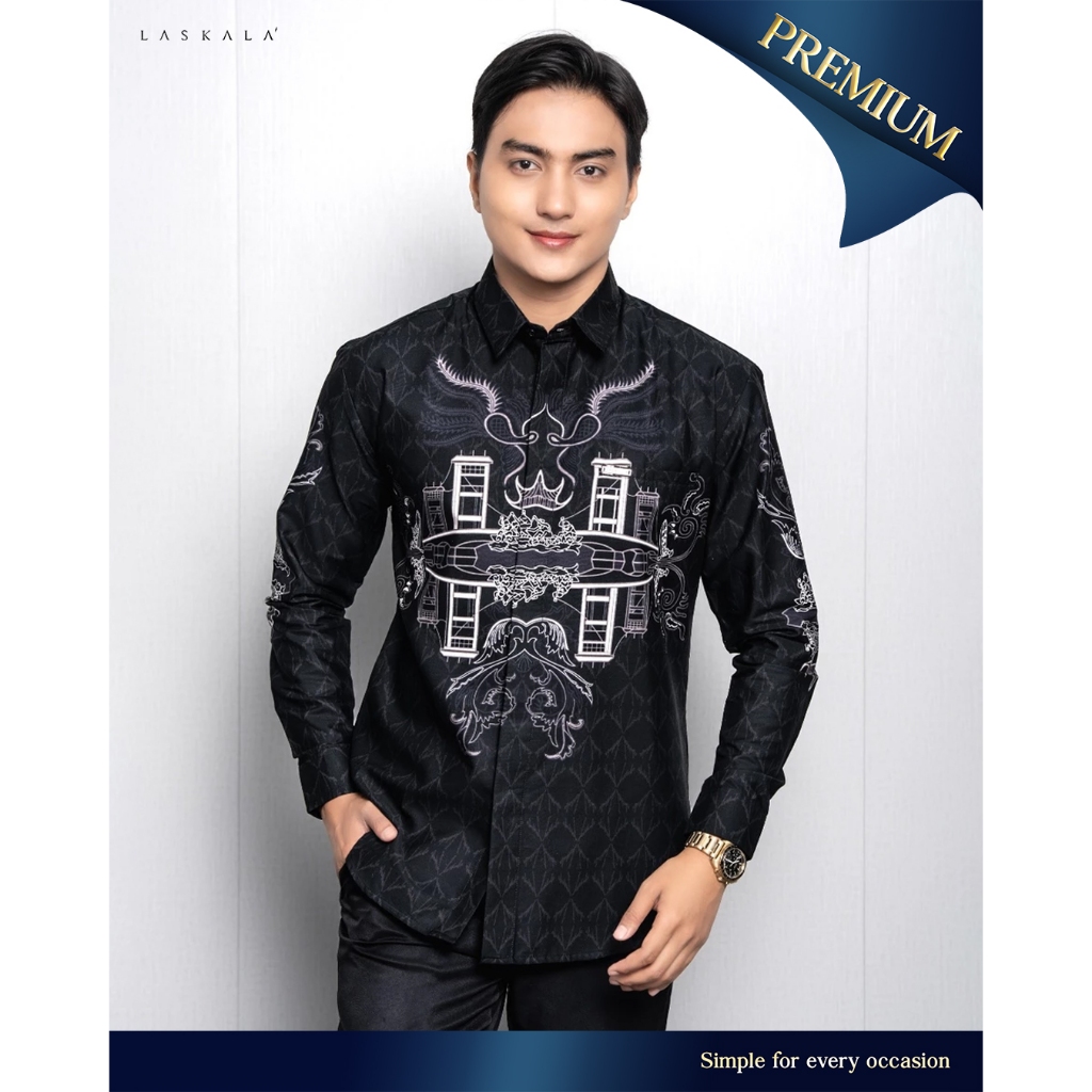 Laskala Batik Kemeja batik pria slim fit lengan panjang motif Ampera, bahan katun satin warna hitam 