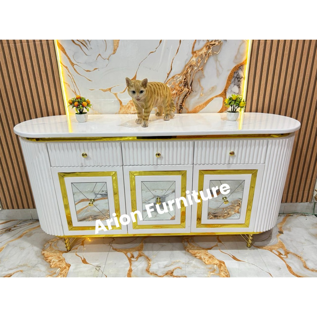 Meja konsul/ Bufet tv/meja list gold/bufet bulat/meja bulat/bufet kaki besi list gold