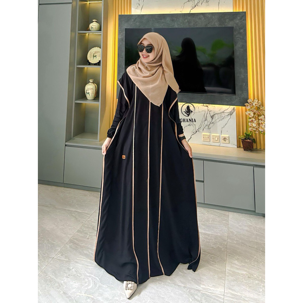 kaftan hitam ori GHANIA/gamis twill uniqlo//kaftan ghania terbaru