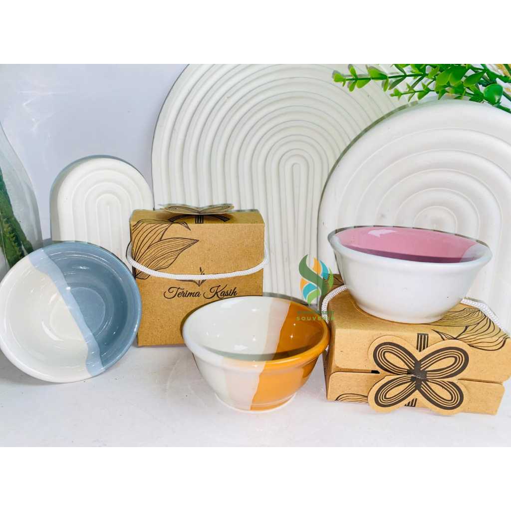 Souvenir Mangkok Sambal Keramik Kecil Mangkuk Two Tone Mini Mangkok Warna Polos Kemas Paper Box