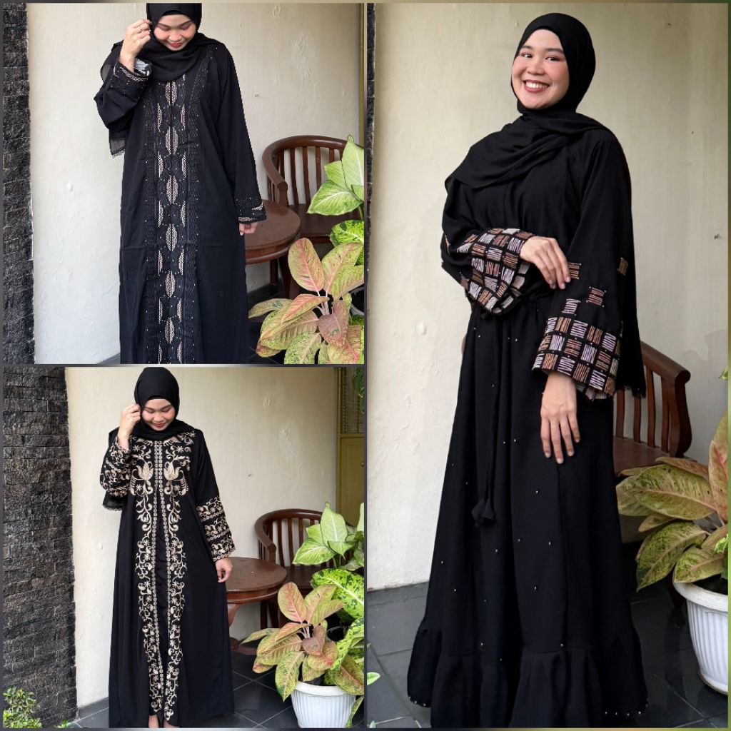 Abaya Bordir Gamis Hitam Wanita Baju Umroh Saudi Turkey Dress Arab Lebaran Maxi