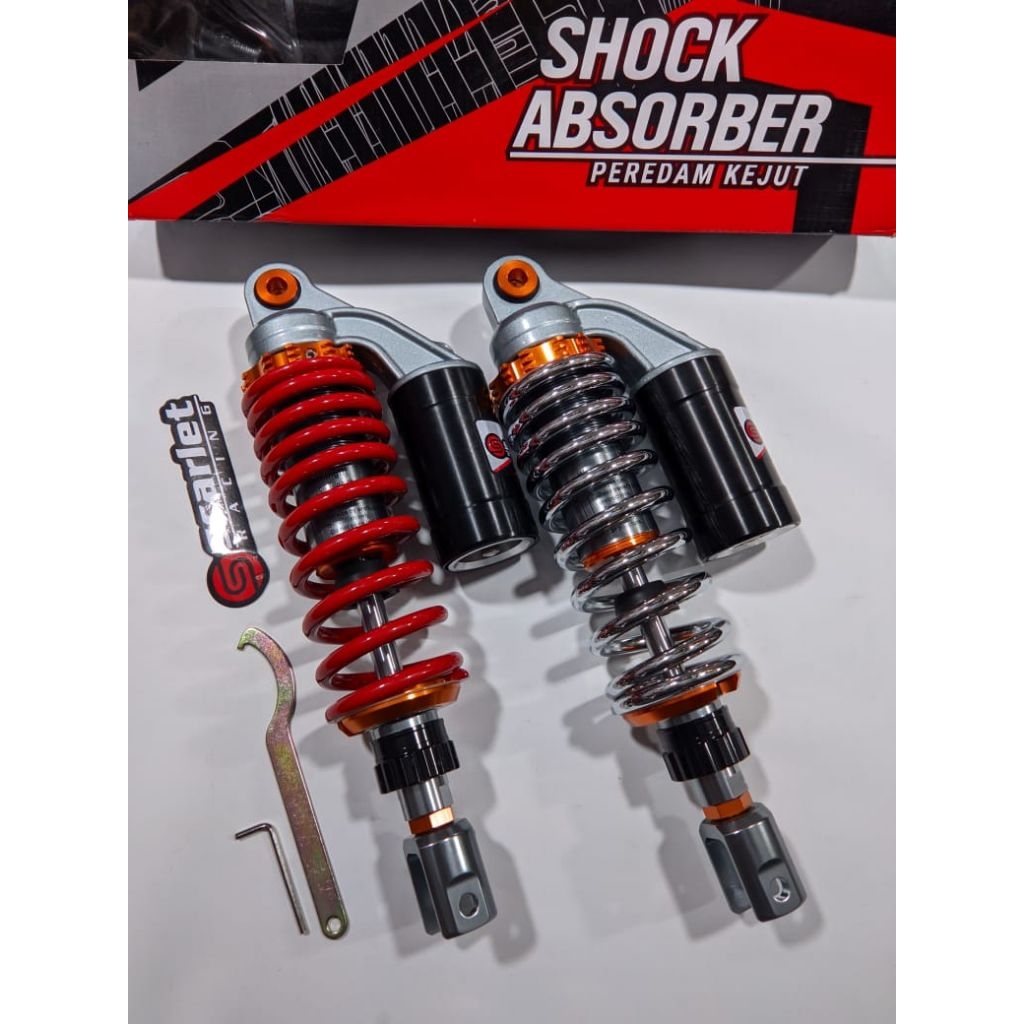 Shock belakang Merek Scarlet ukuran 305/ 330 Mm,Pemakaian motor matic beat,Mio,scopy, Vario Old,new,