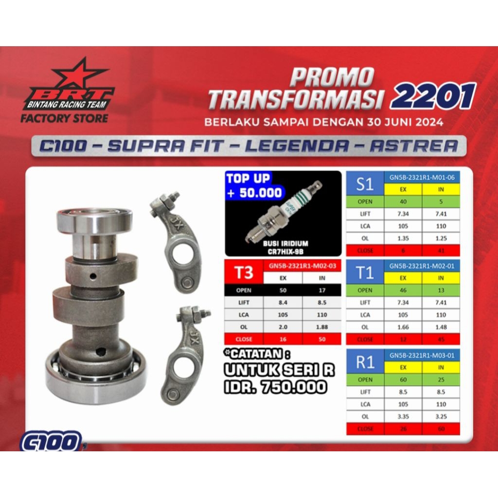 CAMSHAFT/NOKEN +RRA BRT C100/SUPRA FIT/ASTREA/LEGENDA S1/T1/T3 100% ORIGINAL BRT