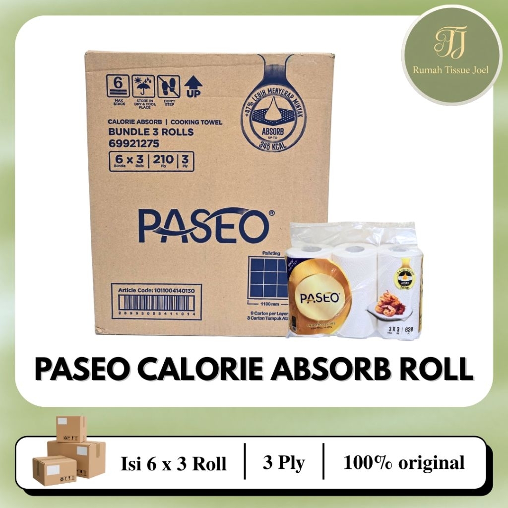 Tisu Tissue Paseo Calorie Absorb Towel Roll 1 dus 18 Rolls – Tisu Dapur Penyerap Minyak | 70s | 100%