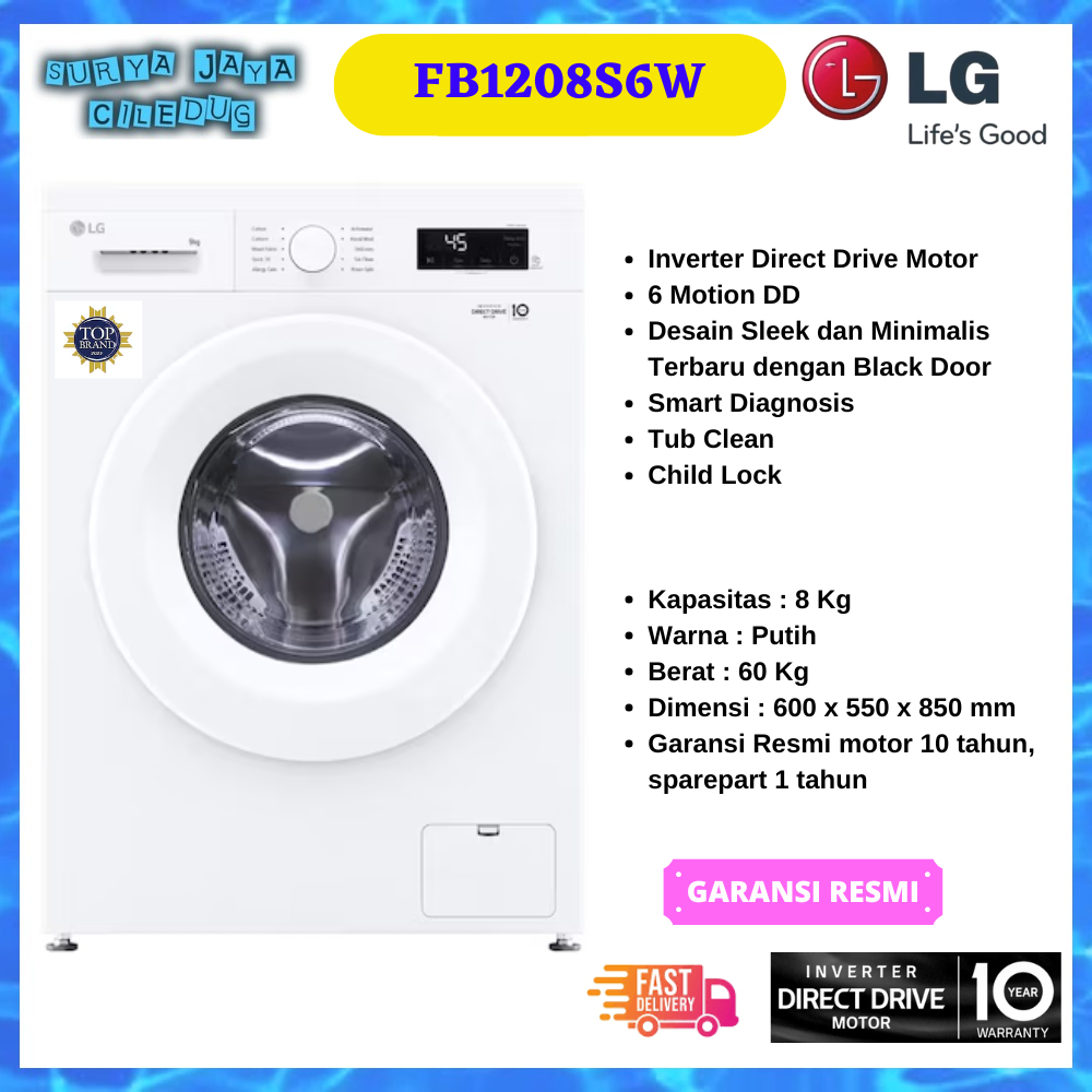 MESIN CUCI LG FB1208S6W FRONTLOADING INVERTER 8 KG