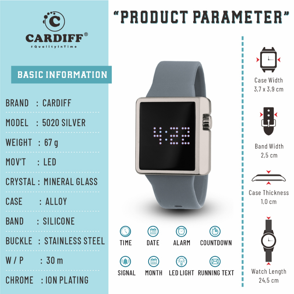 CARDIFF Jam Tangan LED Karet 5020 | Digital | Wanita | Tahan air | 3ATM