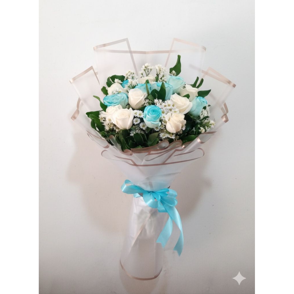 buket bunga mawar biru mix putih asli fresh buket wiauda,ulangtahun,anniversary