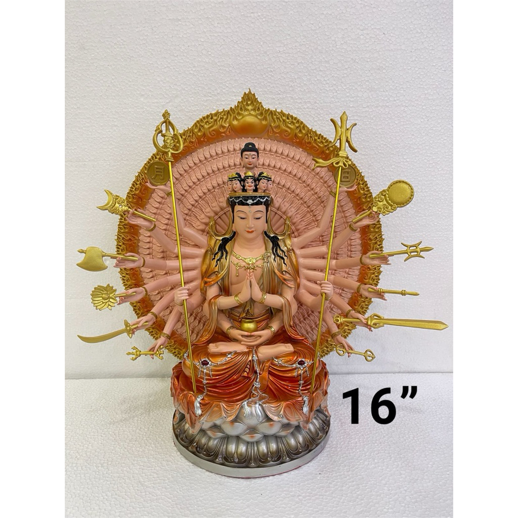 patung Dewi Qian Shou Kwan im / kwan im tangan seribu duduk 16in fiber Qing