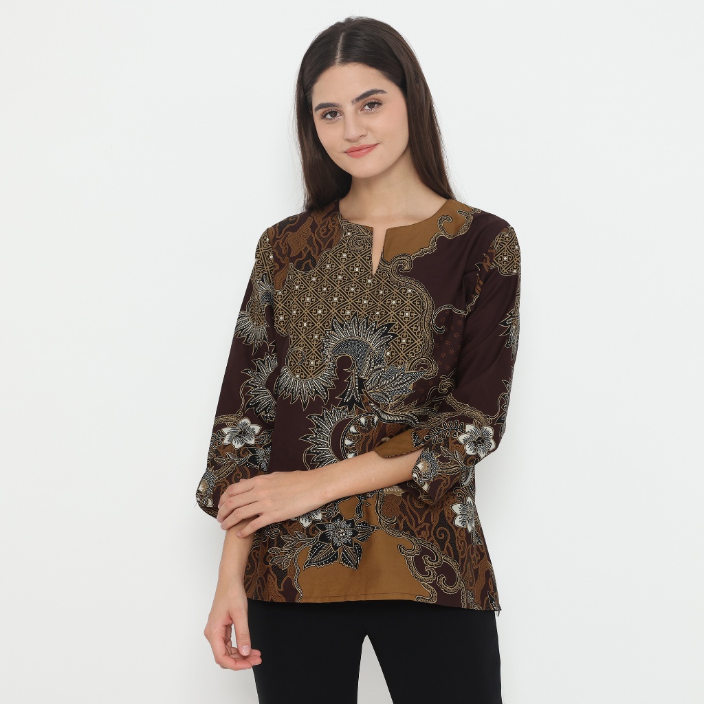 Dancus Blouse Batik Wanita Atasan Batik Wanita Lengan Panjang Warna Coklat OLR331