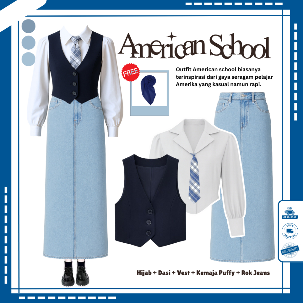 One Set Wanita ( Hijab + Vest Korean + Rok  ) Outfit Yearbook | Baju Yearbook American School - N24
