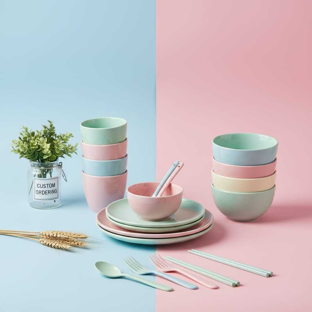 Set 6 in 1 Mangkok Gelas Sendok Garpu Sumpit Piring Snack Warna Pastel Makanan Ringan dan Minuman