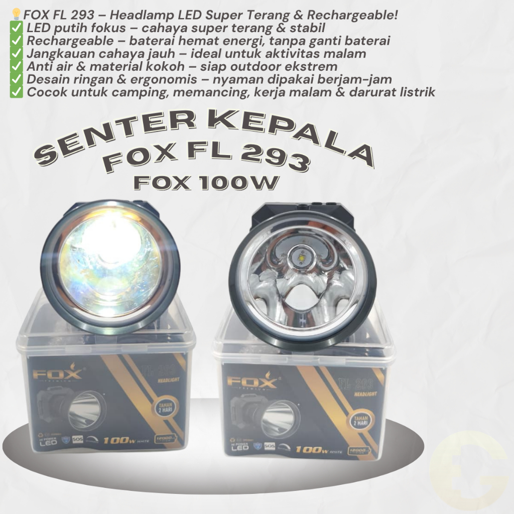 Senter Kepala LED FOX FL 293 – Headlamp Cas Super Terang, Rechargeable, untuk Outdoor & Darurat