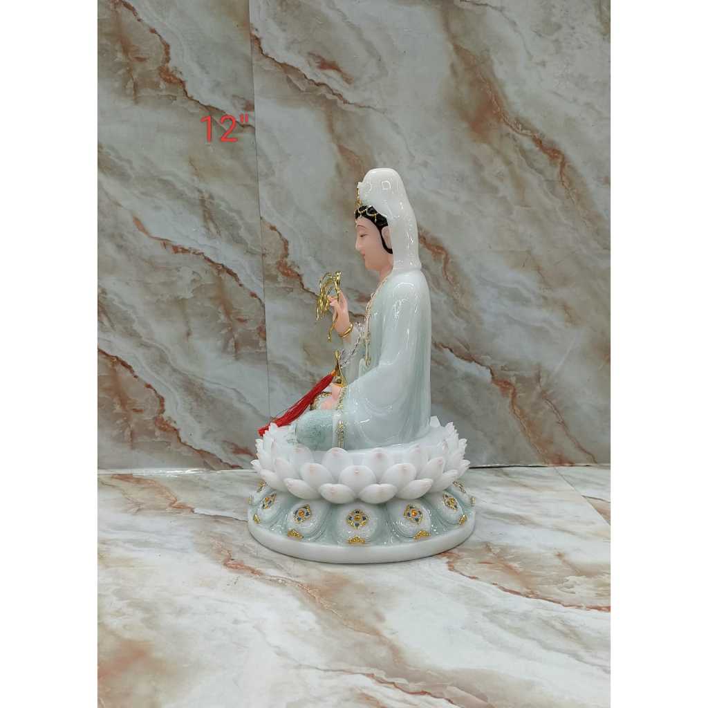 patung dewi kwan im / guan yin / kwan in - 12 inch - marmer / hpy  - putih hijau - l25