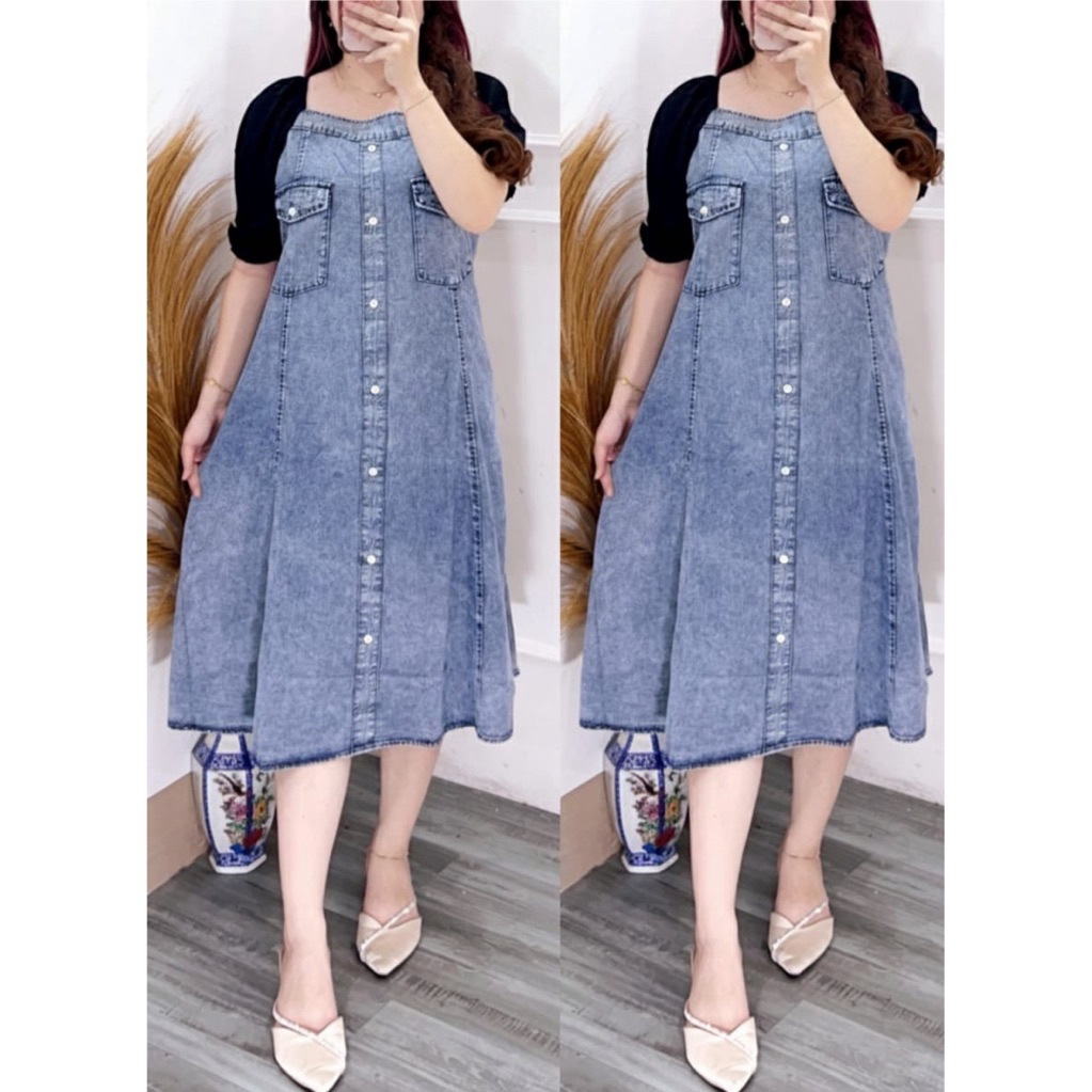 MIDI DRESS JEANS POLOS KOMBINASI LD110 WANITA|DRESS LD110(4559)