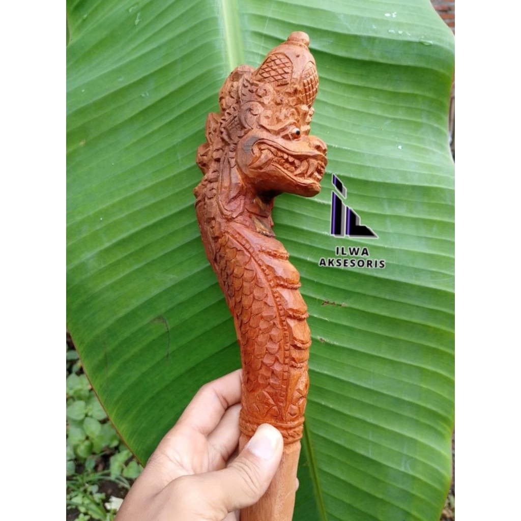 Luxiastore_ Gagang Pecut Ukir Naga Dan Ular Kayu Berkualitas