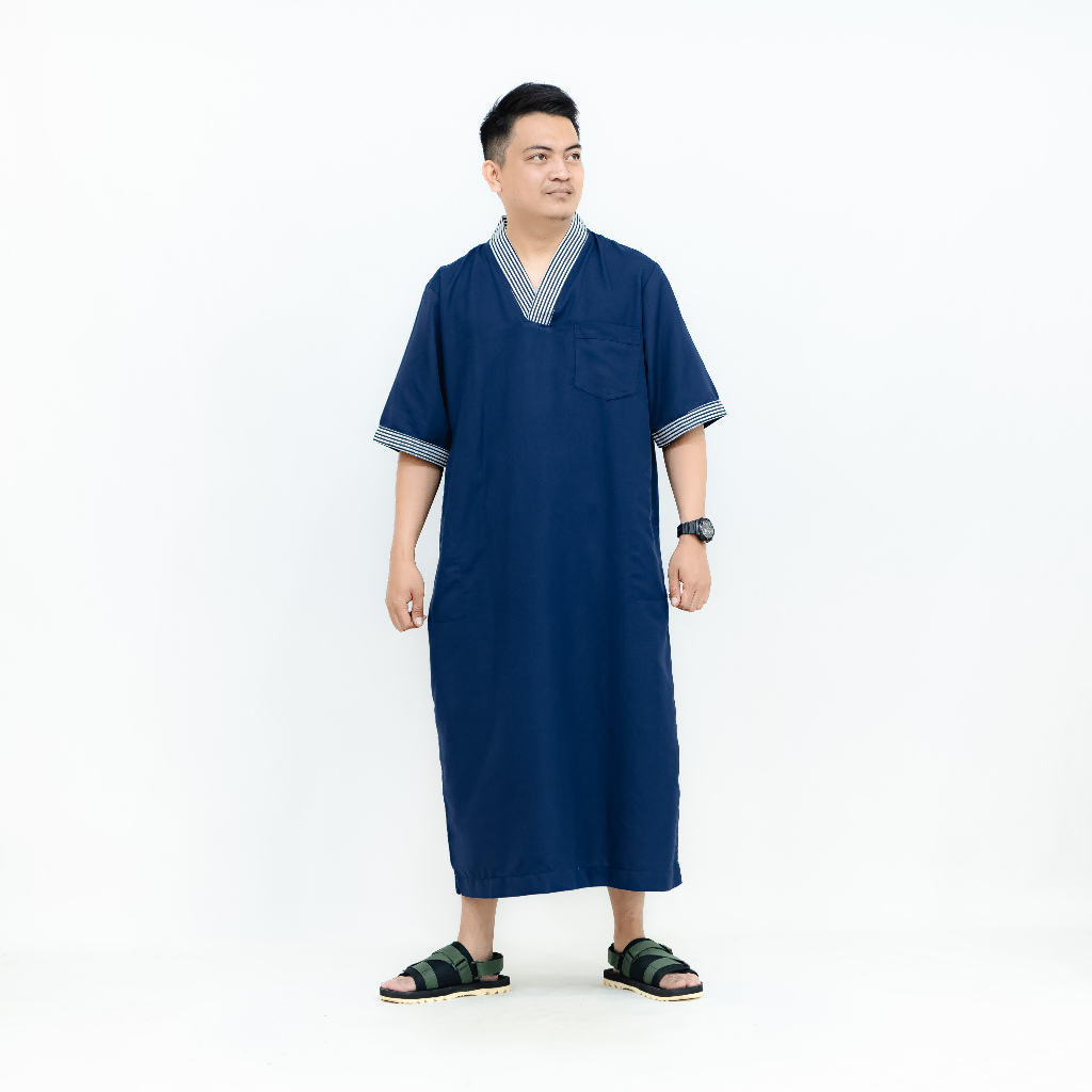 Jubah gamis maroko pria dewasa lengan pendek kerah v bahan katun