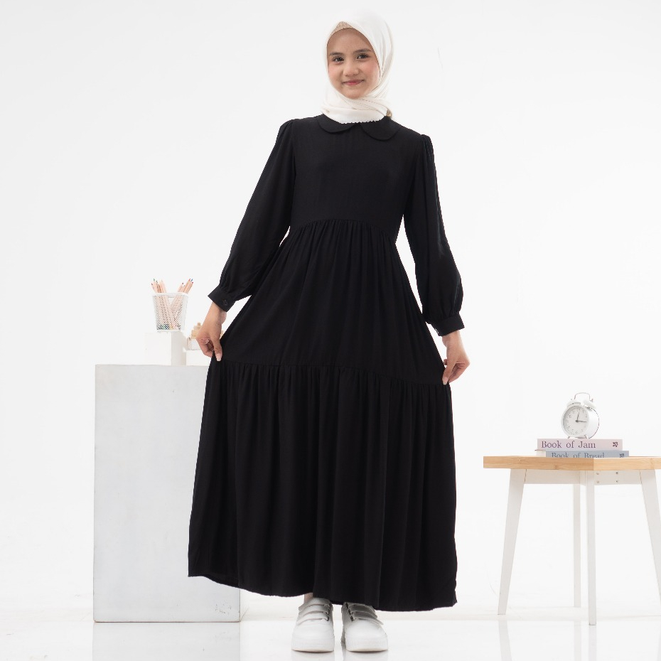 Gamis Anak Hitam Polos Kain Katun rayon Twill Tebal Adem Gamis Anak Tanggung Warna Hitam KoreanStyle