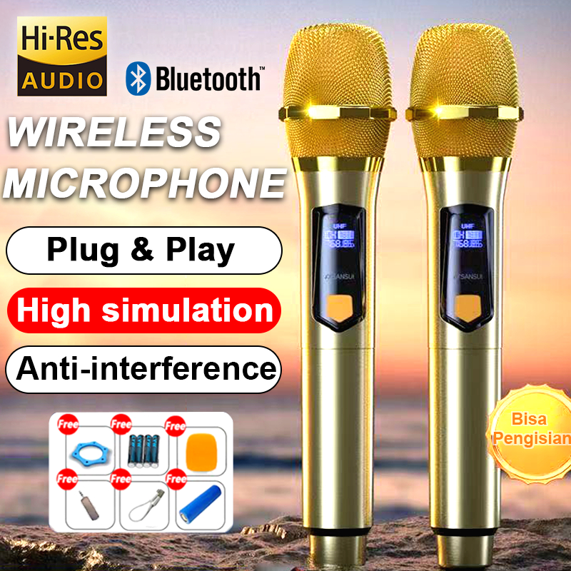 Microphone Wireless Microphone mic wireless Gold 2 Mic WIFI UHF Tanpa Kabel Genggam Isi Ulang Tanpa 