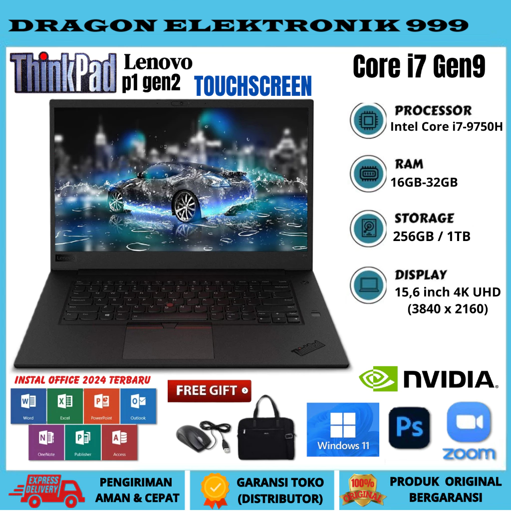 LAPTOP THINKPAD P1 GEN2 Core i7 9th TOUCHSCREEN NVIDIA RAM 32GB/1TB FREE TAS DAN MOUSE