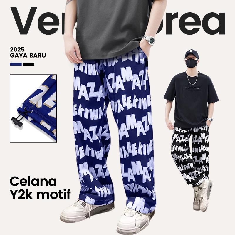 Celana panjang pria celana y2k motif korean style celana skena pria hip hop celana baggy pria