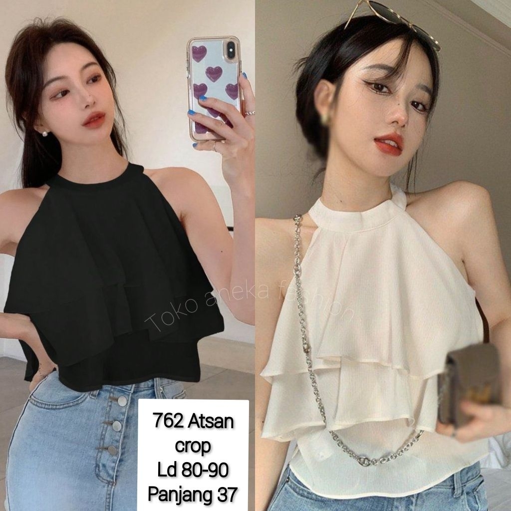 762 Crop Top Atasan Wanita Halter Neck Ruffle Tumpuk