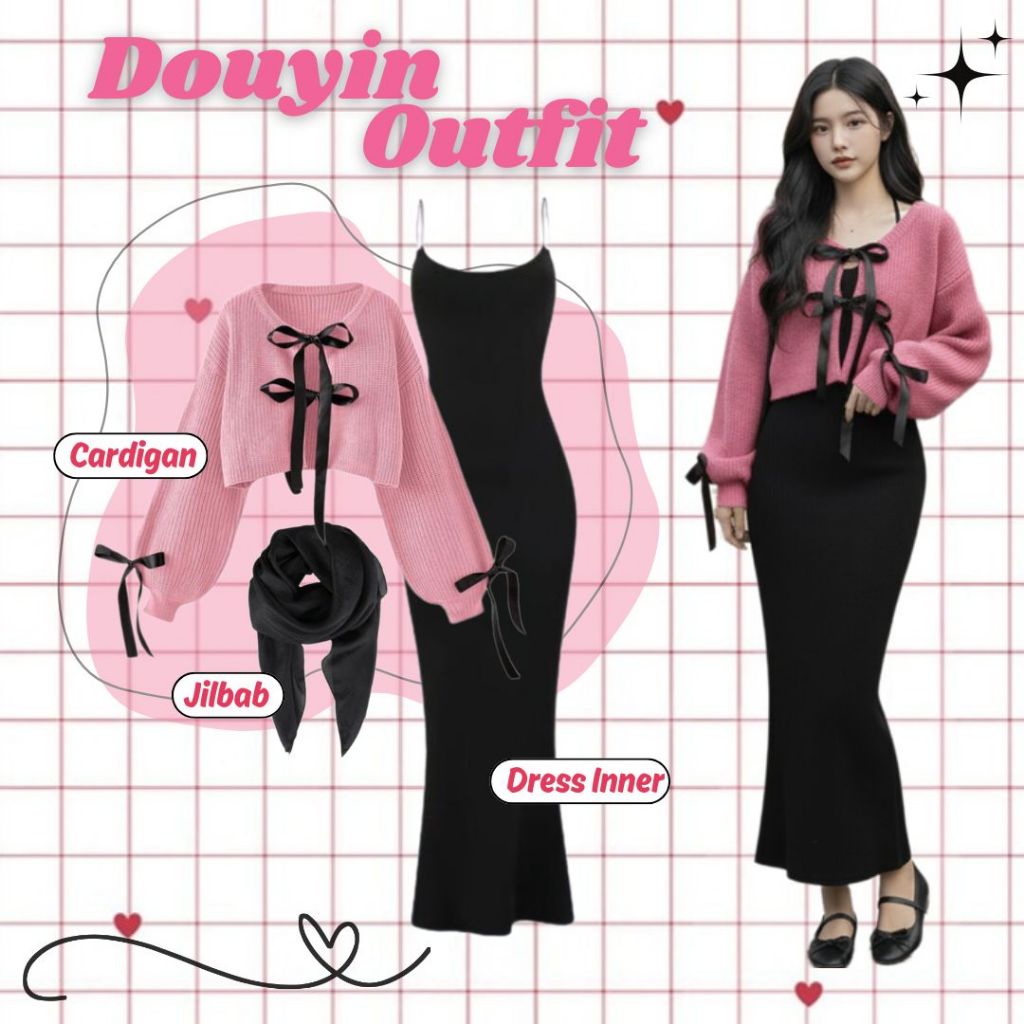 Douyin Outfit ( Cardigan Pita + Dress Inner + Bela Square ) One Set Remaja Perempuan | Korea Style