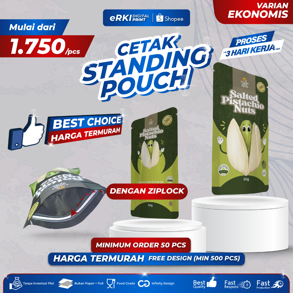 KEMASAN MAKANAN STANDING POUCH EKONOMIS/ DENGAN ZIPLOCK - ERKI PRINTING
