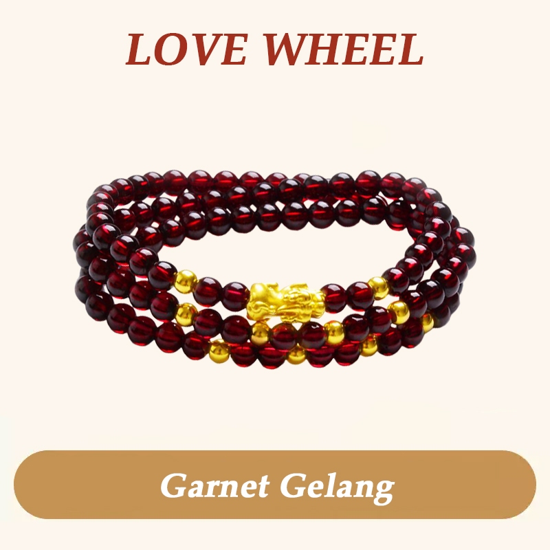 LOVE WHEEL | Gelang Wanita - Gelang Garnet & Pixiu Emas 14K, Gelang Kristal Alam,Dengan Natural Garn