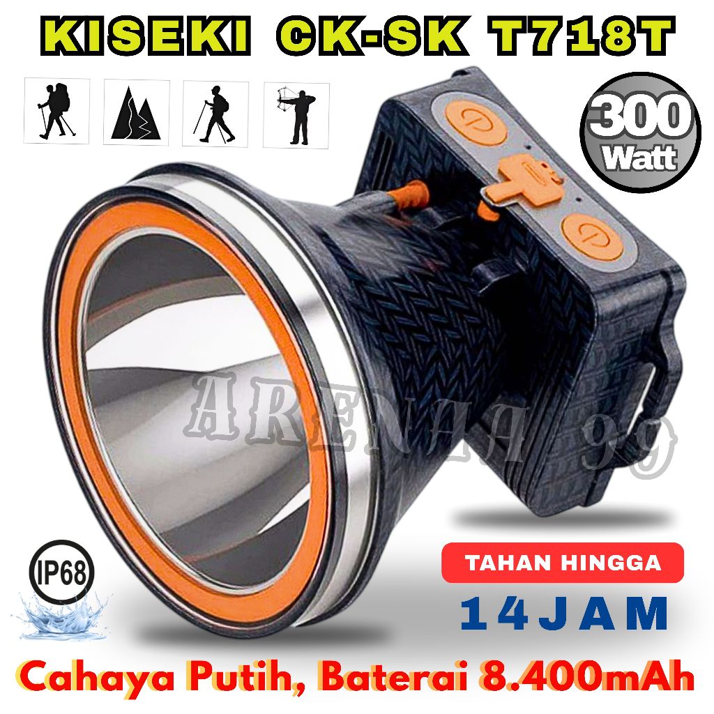 Senter Kepala Premium 300 Watt Tahan 14 Jam 8.400mAh Cahaya Putih KISEKI CK-SK717T / CK-SK718T Origi