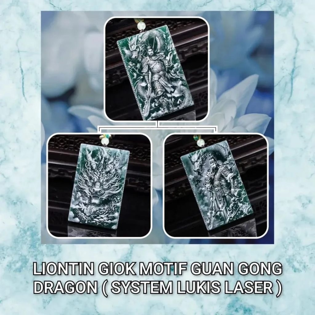Liontin Giok Dua Sisi  Lukis Laser ( Naga & Guan Gong )